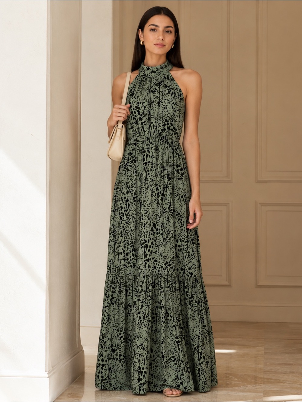New with tags! Sleeveless Halter Maxi Dress in Sage Green Print size medium